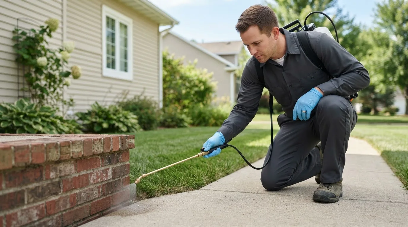 Pest control technician treating a home near Mertens, TX