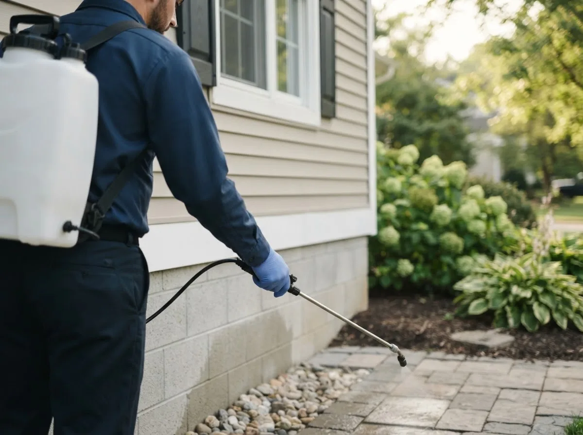 Pest control technician inspecting a home in Mertens, TX